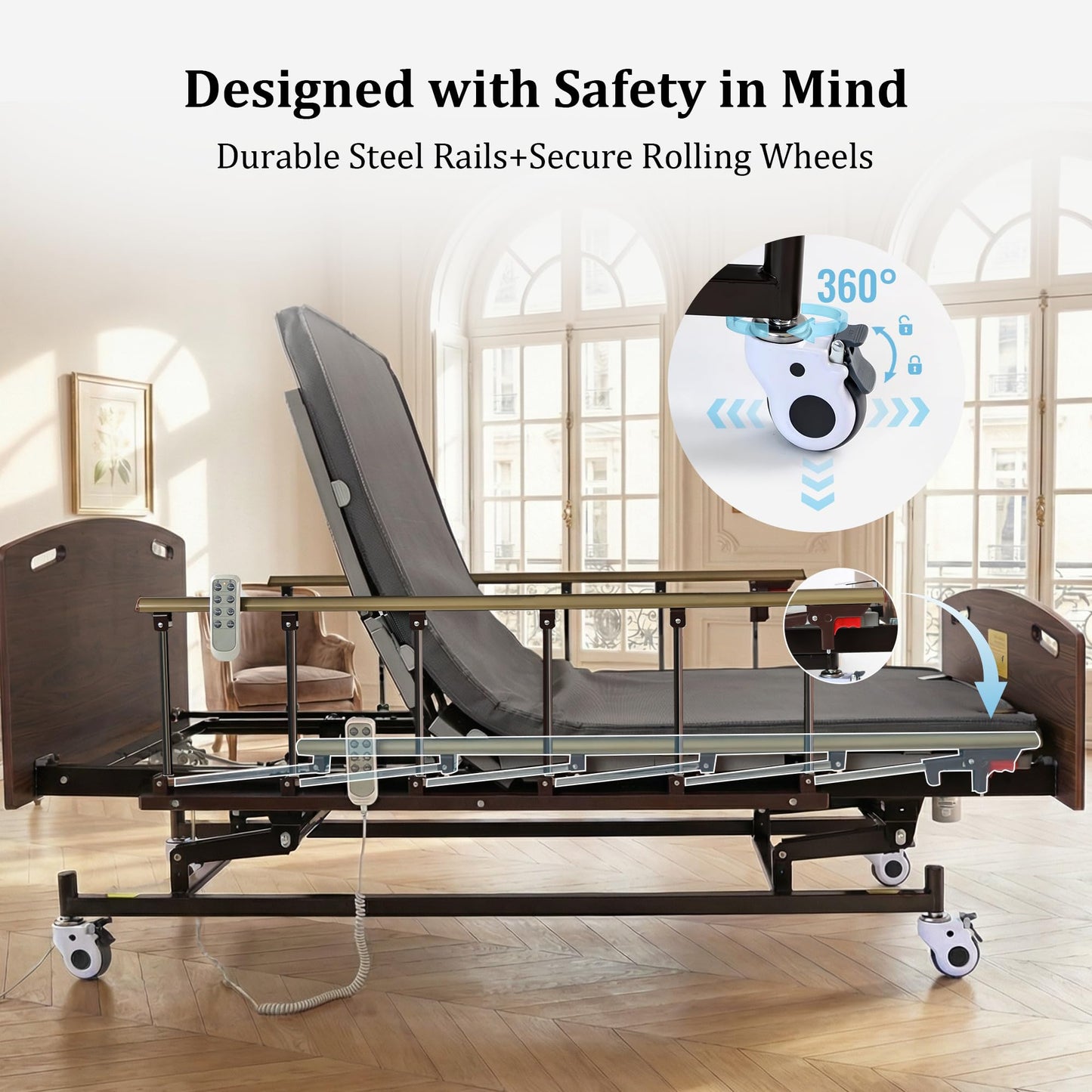 OxtraCare Zygenair Hospital Bed 6-Section ABS Ergonomic Design, 3 Function Adjustable Medical Homecare Bed for Home Use, Electric Nursing Bed with Mattress and Remote Control, IV Pole Included