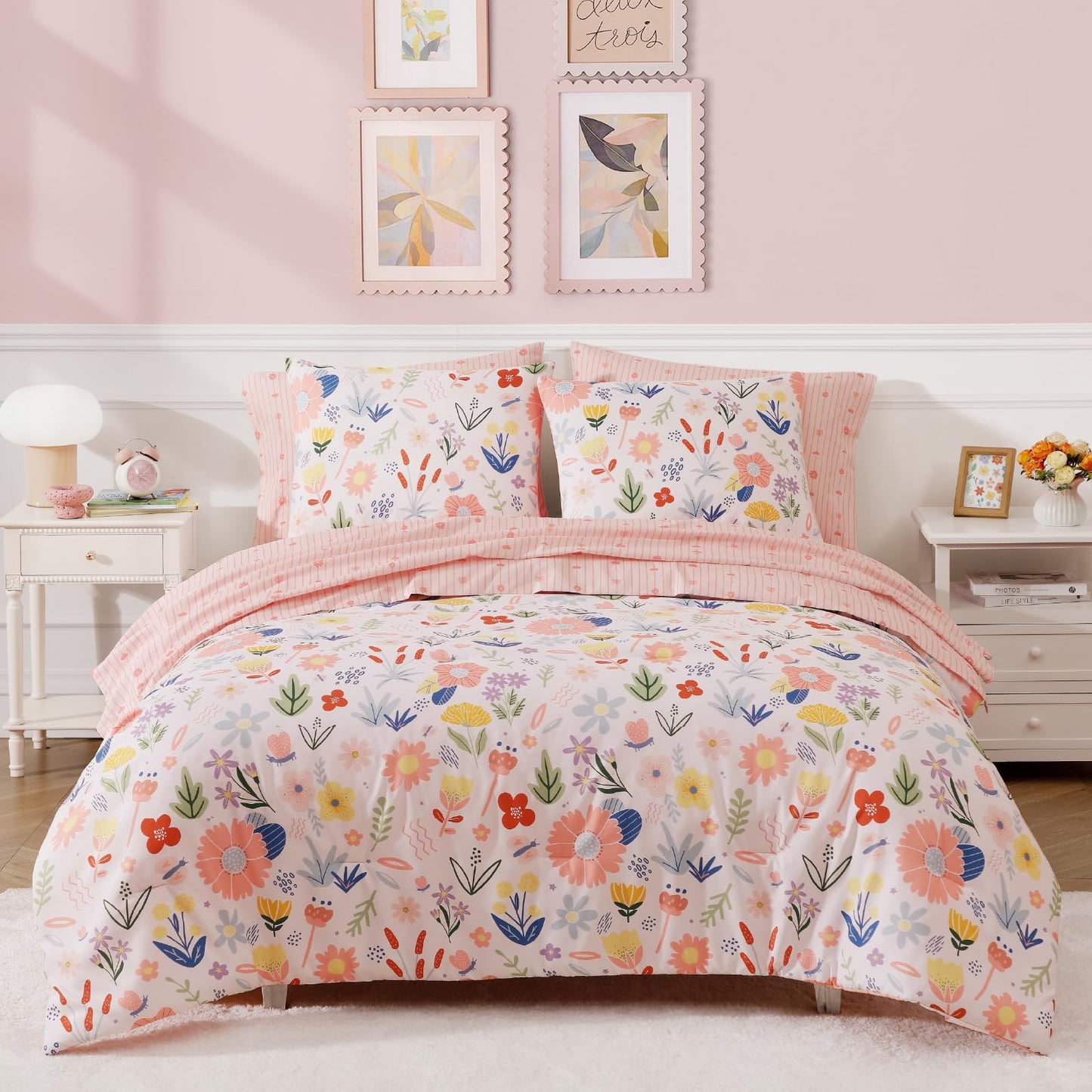 BLOOMHAVEN Twin XL Comforter Set for Girls, 5 Pieces Pink Bedding Set with Pastel Flower, All Seasons Kids Twin Comforter Set with Sheets, Pillowcase & Sham