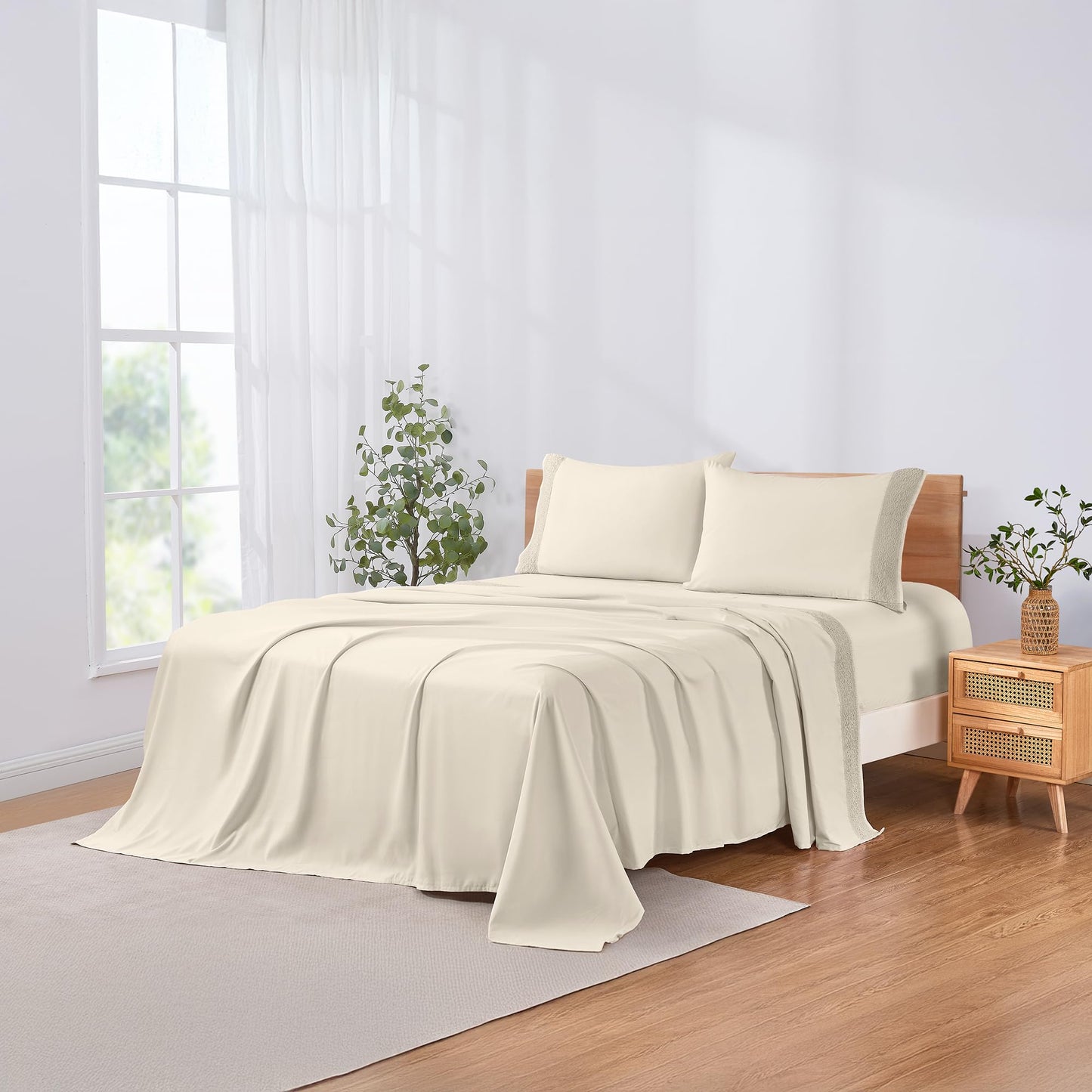 Modern Threads 4 Piece Microfiber Sheet Set – Soft Cooling Bed Sheets with Crochet Lace – Deep Pocket, Wrinkle Free, Breathable, Hotel Luxury Bedding, Beige, Queen
