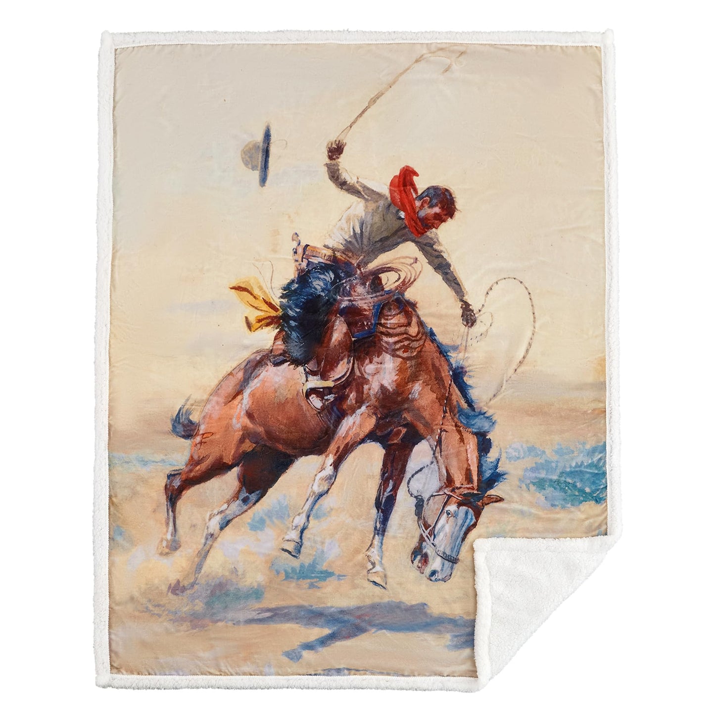 Indigo Hill by HiEnd Accents Buster 3 Piece Sherpa Western Throw Blanket Set, Cowboy Horse Print, Cream Blue Fleece Western Blanket with Pillows, Rustic Southwestern Style, 1 Throw and 2 Pillows