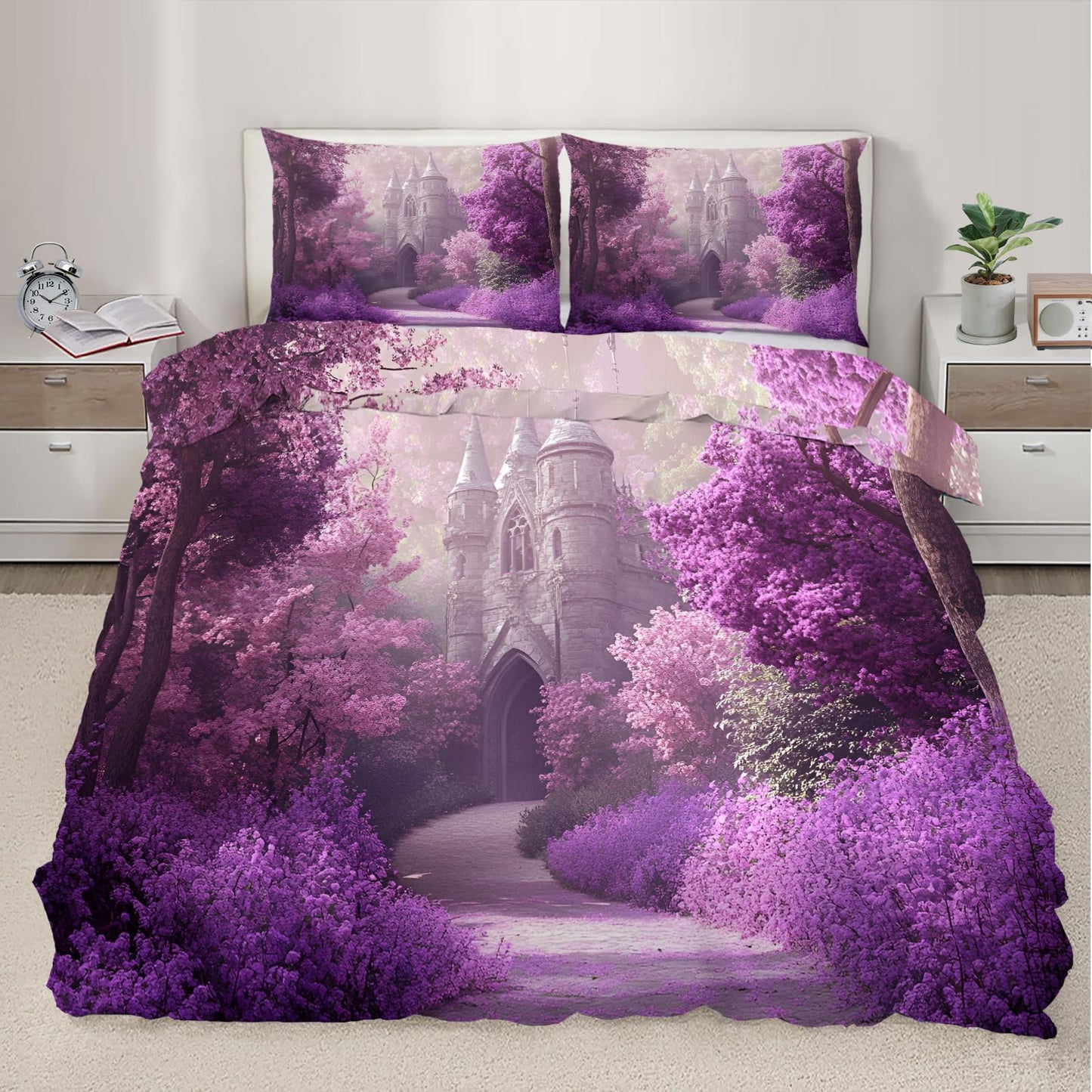 PAISUOQ Girl Duvet Cover, Fantasy Castle Bedding & Duvet Cover King, Mysterious Purple Comforter Set with Zipper, 3 Pieces with 2 Pillowcases, Bedroom Decor & Gifts