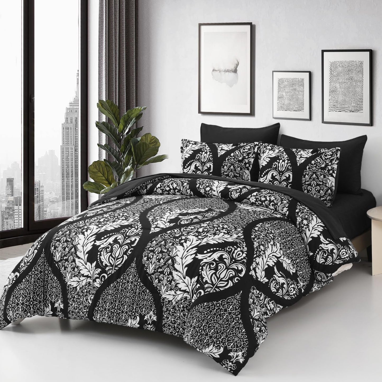 Anibedding Black Comforter Set King Size, 7 Pieces Bohemian Damask Comforter Set Soft Lightweight Microfiber Bedding Set for All Season (104"x90")