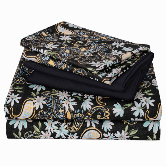 JSD Black Paisley Floral Sheet Set Queen Size 6 Piece, Printed Pattern Soft Microfiber Bed Sheets Extra Deep Pocket