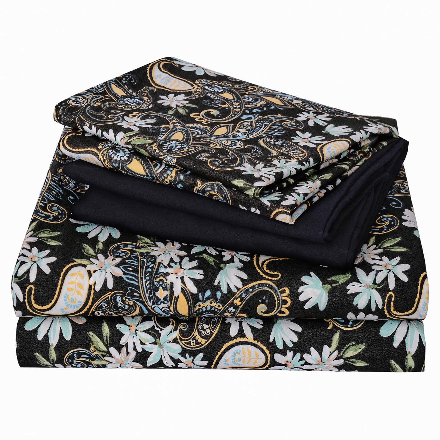 JSD Black Paisley Floral Printed Sheet Set King Size 6 Piece, Soft Pattern Microfiber Bed Sheets Extra Deep Pocket