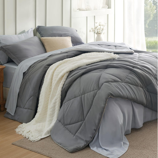 Bedsure Queen Comforter Set with Sheets - 7 Pieces Reversible Grey Bed in a Bag Queen, Eazy Care Queen Bedding Sets for All Seasons with 1 Flat & 1 Fitted Sheet, 2 Pillowcases and 2 Pillow Shams