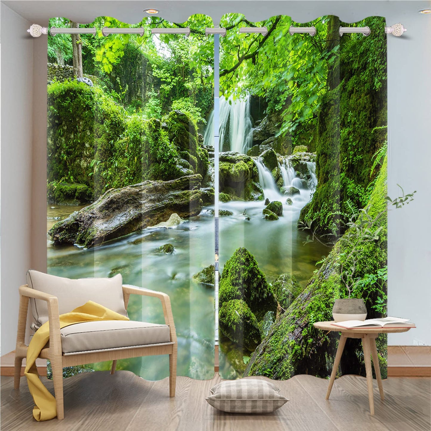 Leyiyi Waterfall Window Curtains Jungle Mountains Flowing Stream Waterfall Mossy Rocks Nature Scenery Blackout Curtains Jungle Forest Thermal Insulated Drapes for Bedroom 52x84 Inch,2 Panels