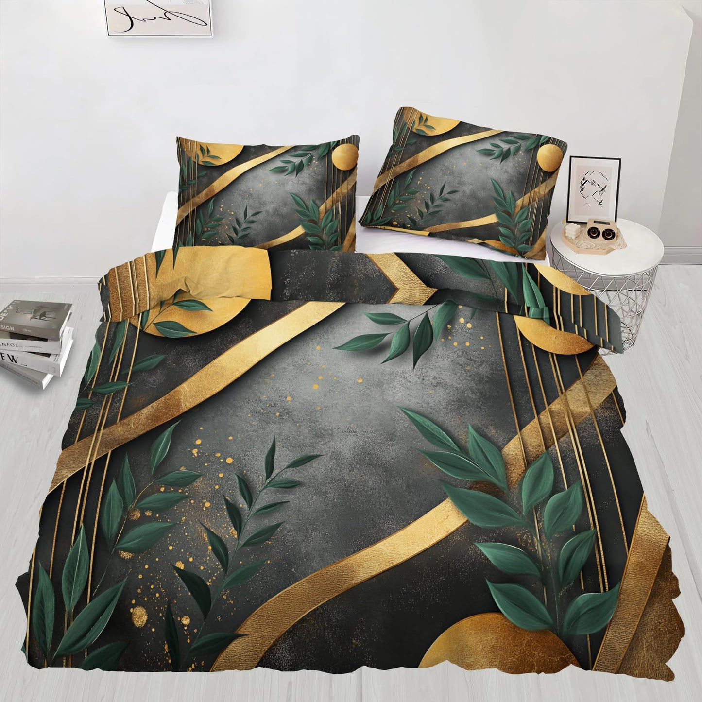 GKPLY Geometric Bedding Green Leaves Duvet Cover Full Modern Abstract Comforter Cover with Zipper & Ties - 3 Pieces with 2 Pillowcases - Home Decor & Gifts Black and Grey Design