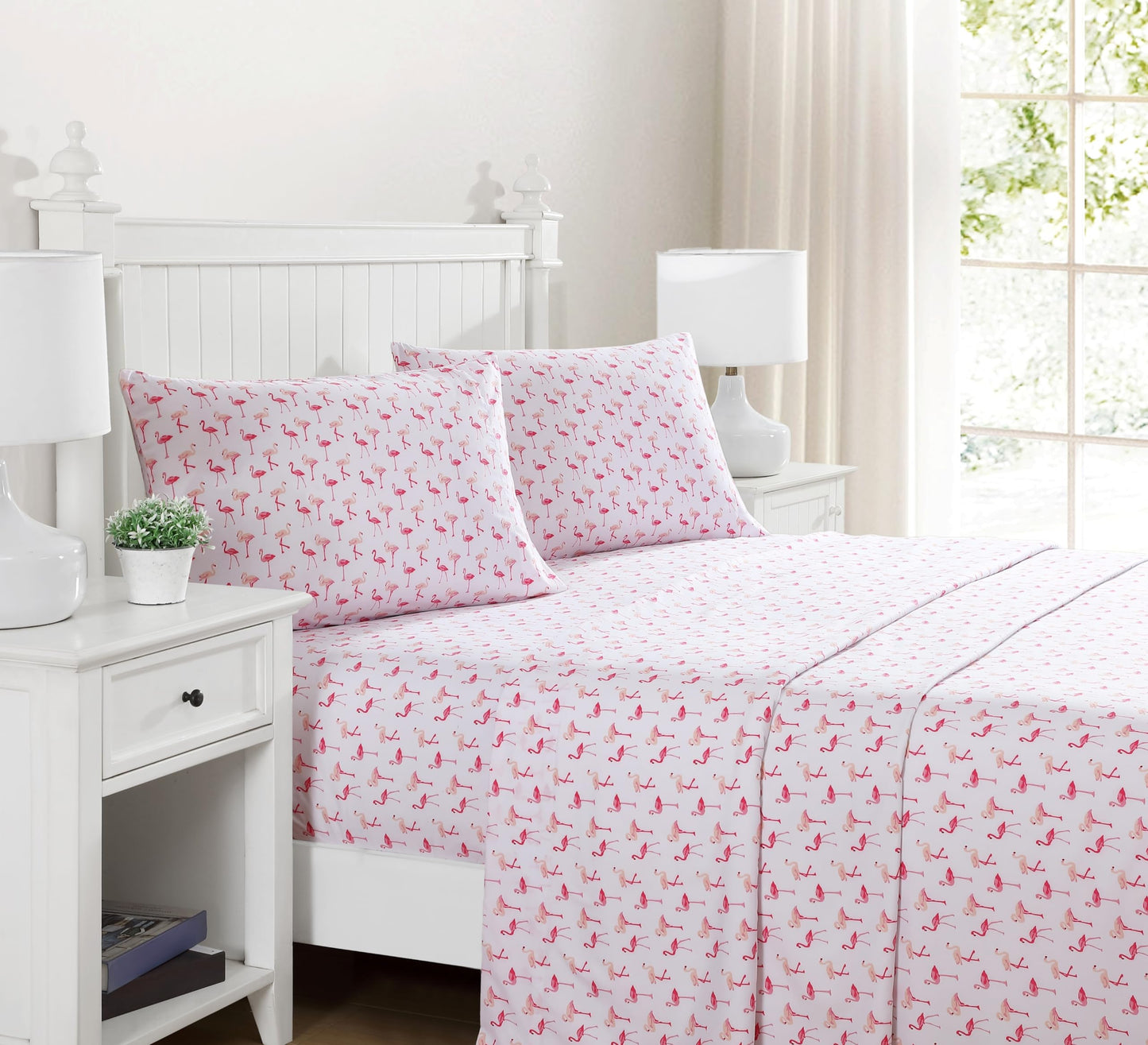 Beatrice Home Fashions Printed Microfiber Sheet Set, Soft Comfortable Easy Care, Includes 1 Fitted Sheet with 12" Deep Pockets, 1 Flat Sheet, Pillowcase, Full, Pink Flamingo