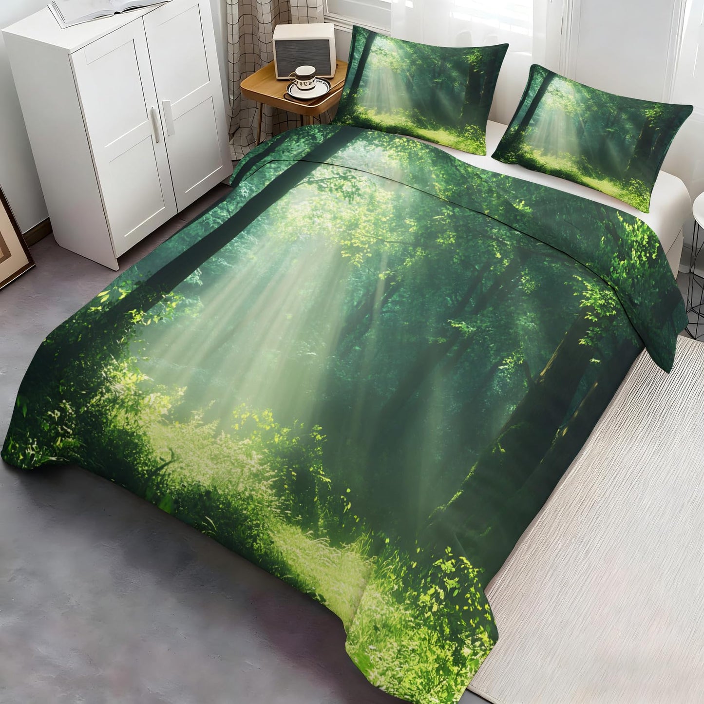 GKPLY Sunlit Forest Bedding Sets Queen, Misty Woodland Duvet Cover, Calm Nature Comforter Set, Zipper & Ties, 2 Pillowcases, Reversible Print, Serene Landscape Quilts & Home Decor, Easy Care