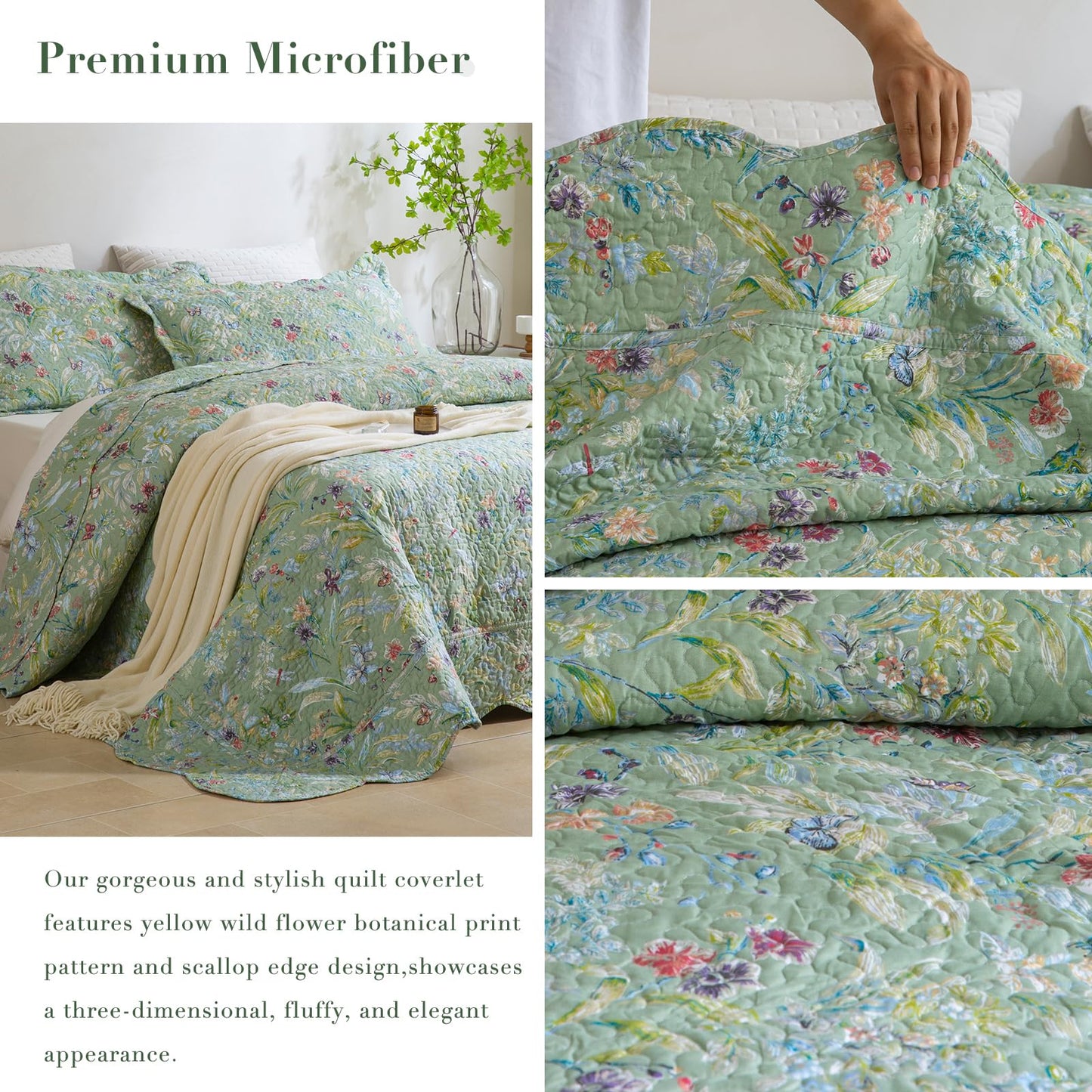Masaca Oversized King Bedspread 128"x120",Green Floral Quilt Set Oversized 3Pcs Lightweight Flower Bird Butterfly Print Botanical Scallop California King Size Bedding Coverlet Extra Large