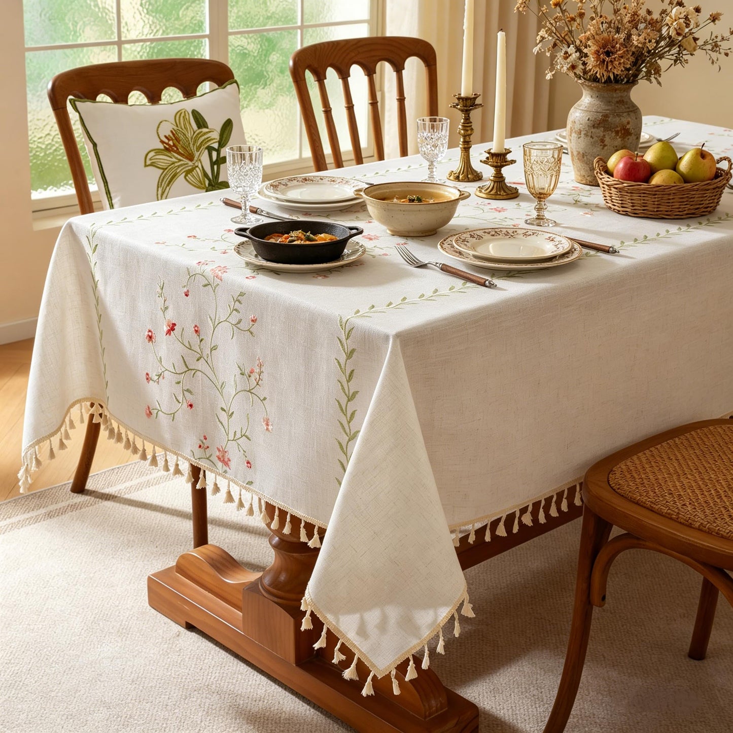 Laolitou Summer Pink Floral Table Cloth Rectangle Table, Embroidery Heavy Duty Cotton Linen Tablecloth, Farmhouse Rustic Waterproof Wrinkle Free Tablecloths with Tassels, Pink Flower, 55×75 Inch