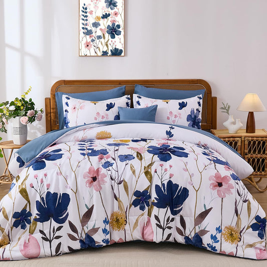 Anibedding Blue Floral Comforter Set Queen Size, 8 Piece Botanical Flower Bed in a Bag, Reversible Design Comforter Soft Microfiber Complete Bedding Sets for All Season (Blue, 90"x90")
