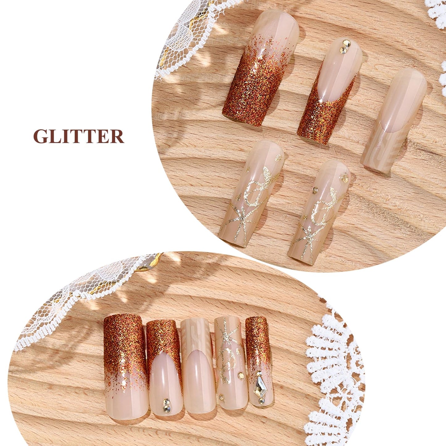 MERVF Press on Nails Long Square, White Black French Tip Fake Nails Heart Design Glue ons Gold Glitter Lines Acrylic Nail Glossy 24pcs