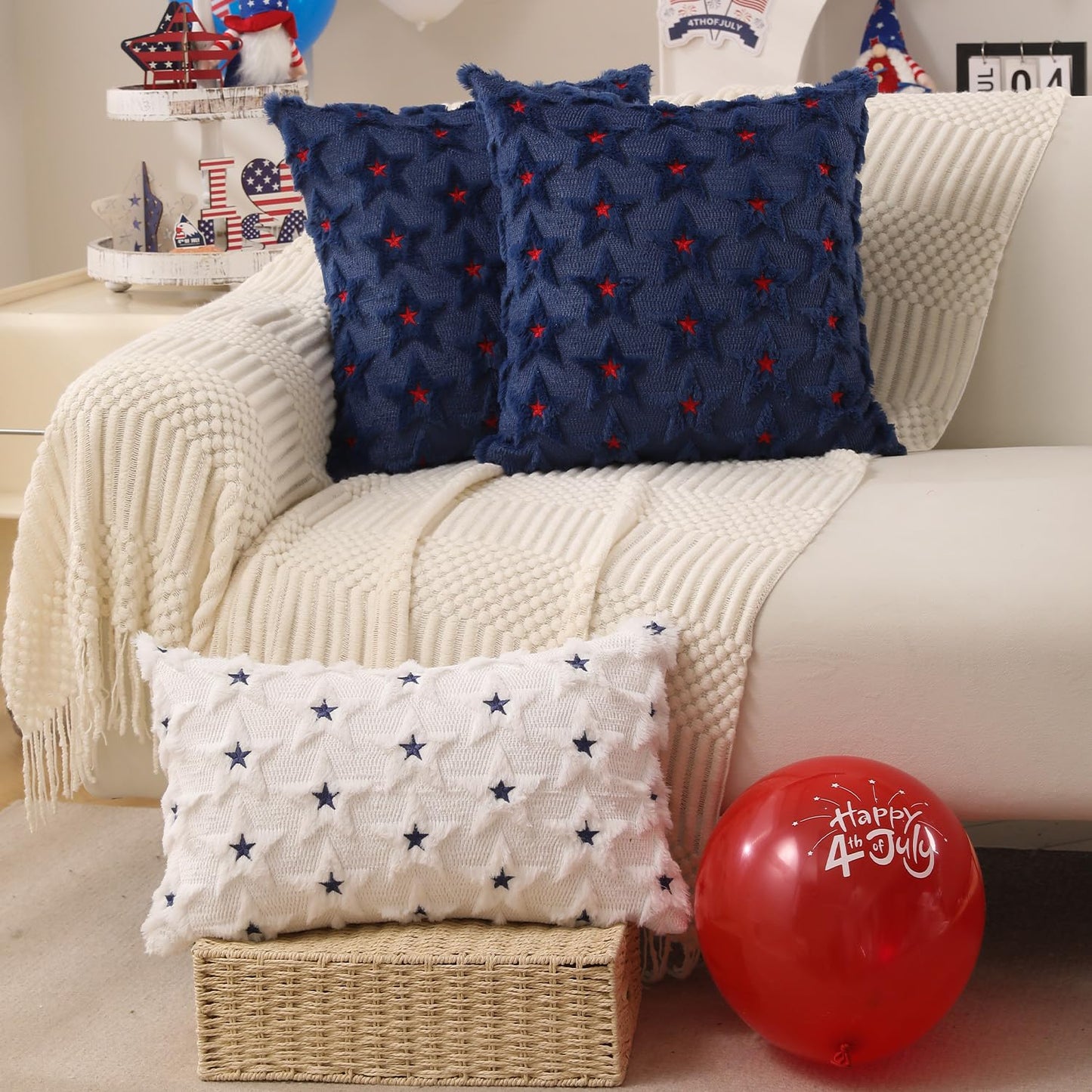 DFXSZ 4th of July Pillow Covers 18x18 inch Set of 2 4th of July Decor Red Embroidery Star Decoration Soft Plush Faux Fur Jacquard Throw Pillows Independence Day Decorations for Home Sofa PTK027A18