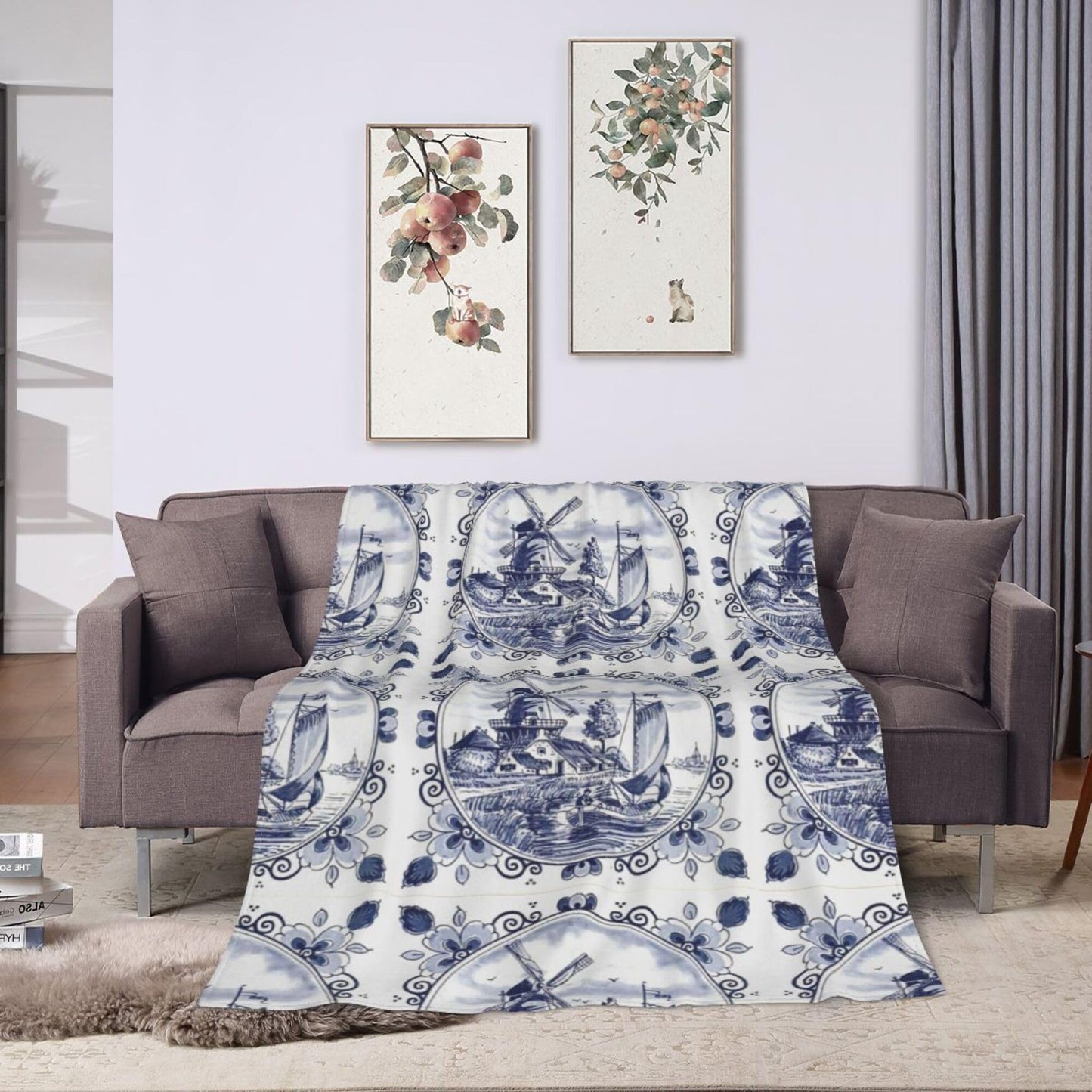 Nederland Cute Vintage Dutch Windmill Delft Blue Blanket Super Soft Flannel Blanket Comfy Cozy Throw Blanket Couch Lightweight Blankets for Living Room Bedroom 80"x60"