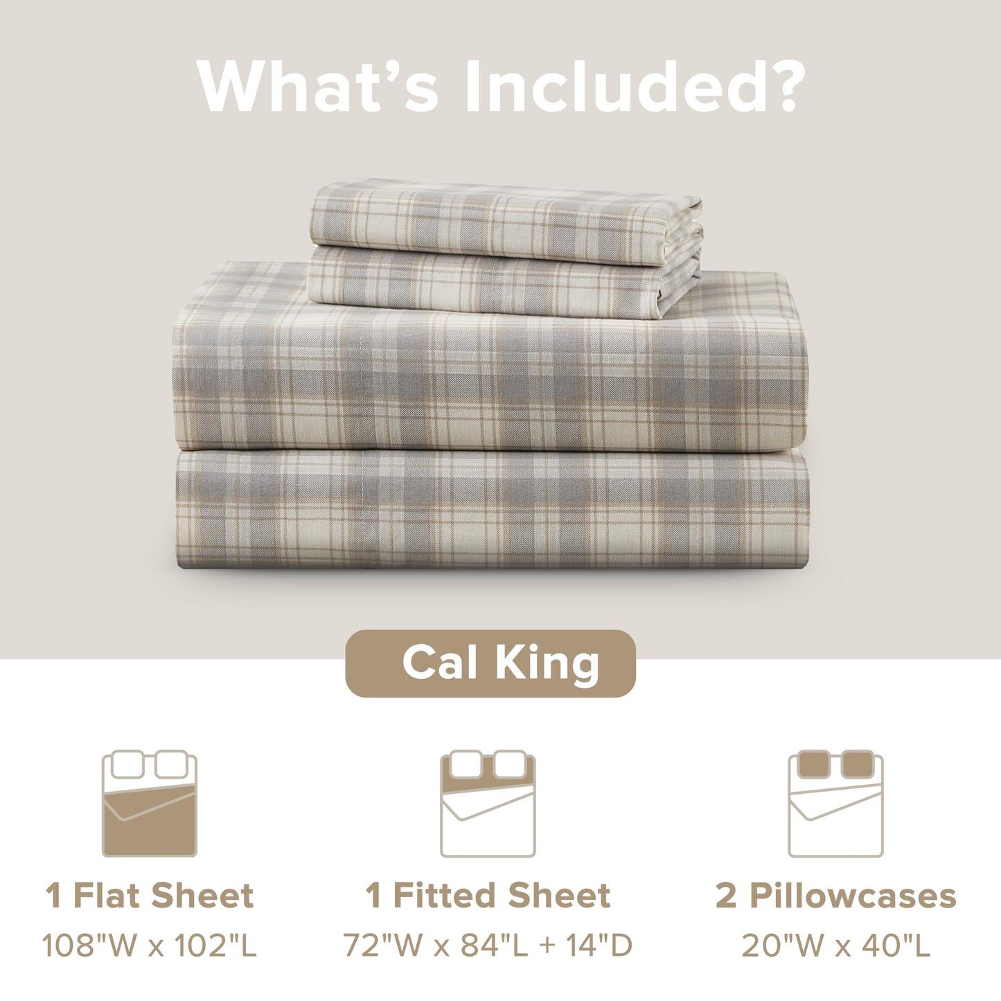 Comfort Spaces 100% Cotton Sheets Cal King, Breathable, Naturally Cool Cotton Sheets, Cotton Bed Sheets with 14" Elastic Pocket Fits up to 16" Mattress, All Seasons Sheet Set, Wesley Taupe 4 Piece