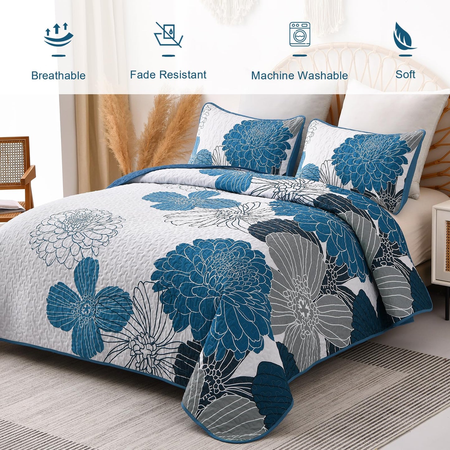 Queen Quilt Sets Blue Floral Pattern Quilt Bedding Set, 3 Pieces Botanical Quilt Bedspread Coverlet Set Soft Microfiber Bed Coverlet Bedding Set for All Season(96" x 90)