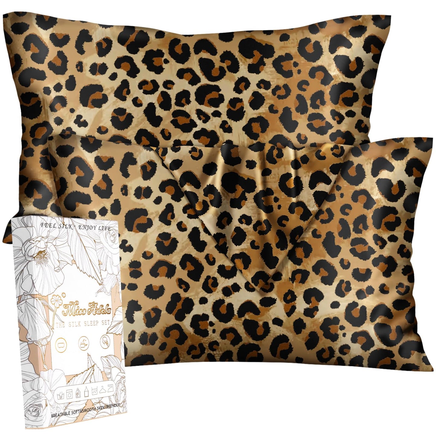 Miss Adola Silk Pillowcase 2 Pack - Pillow Cases 20" x 30" Queen Size Set of 2 for Hair and Skin Smooth Soft Breathable with Hidden Cute Zipper Cooling Pillow Covers for Sleeping, Leopard