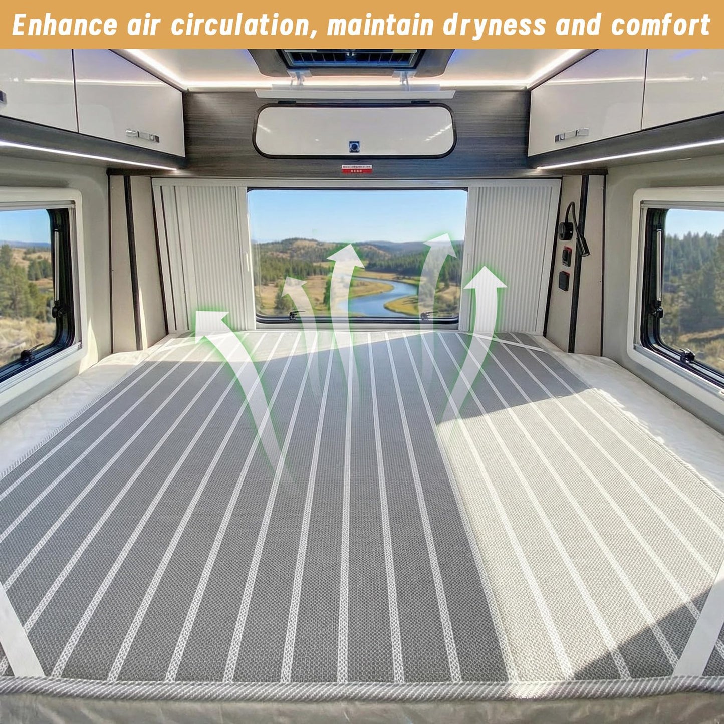 RV Mattress Underlay Moisture Barrier & RV Under Mattress Ventilation, Mattress Support Board with 4 Straps - 3D Grey Stripe Airflow Pad for Camper, Boat (Short Queen-60 * 75 * 0.3'')