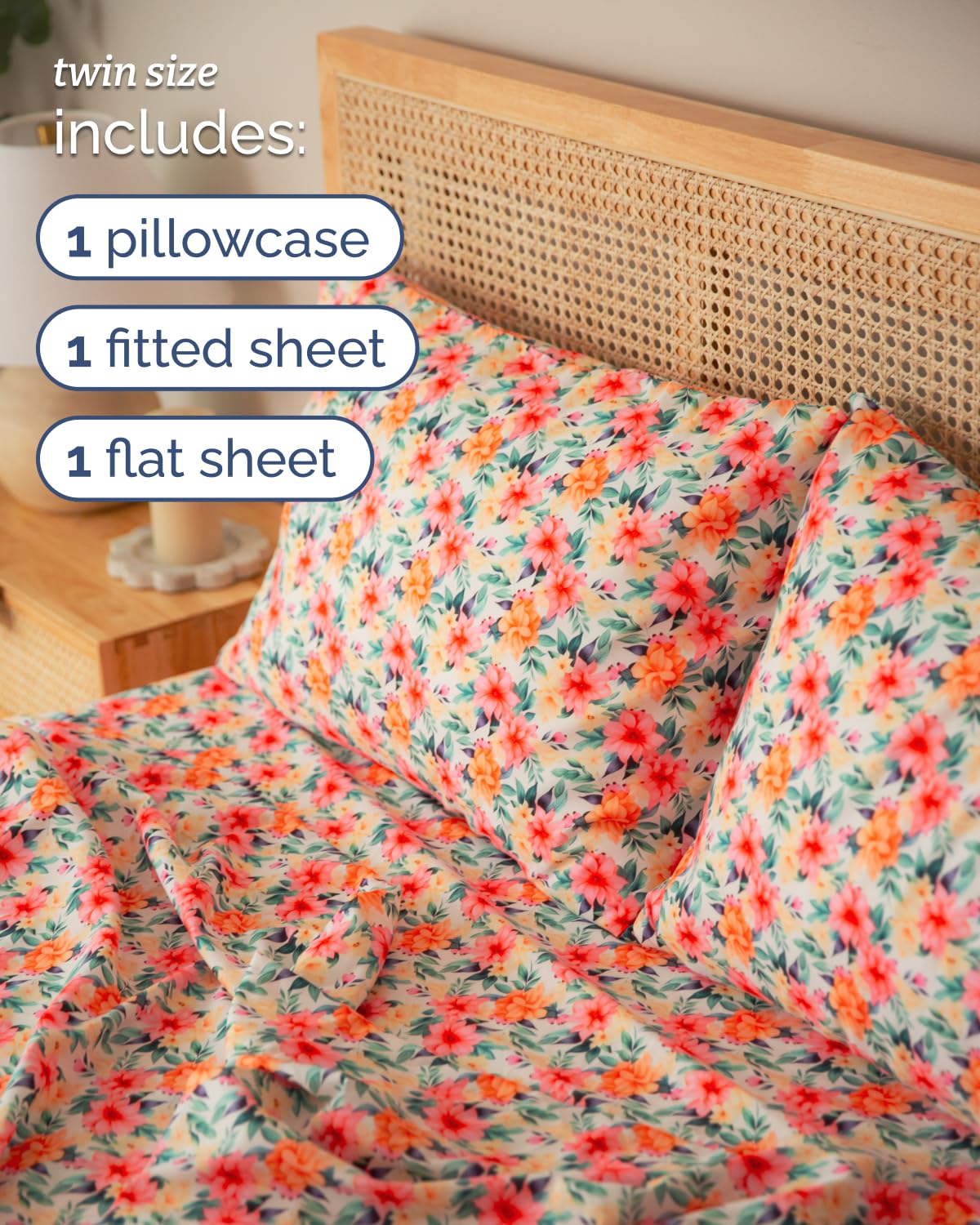 Floral Sheets - Flower Print Bed Sheet Set - 1 Flat, 1 Fitted & 1 Pillowcase w/ Deep Pockets - Comfy, Cozy, Wrinkle & Fade Free - Boho Botanical Bedding - Soft, Breathable & Cooling - Twin Size Set