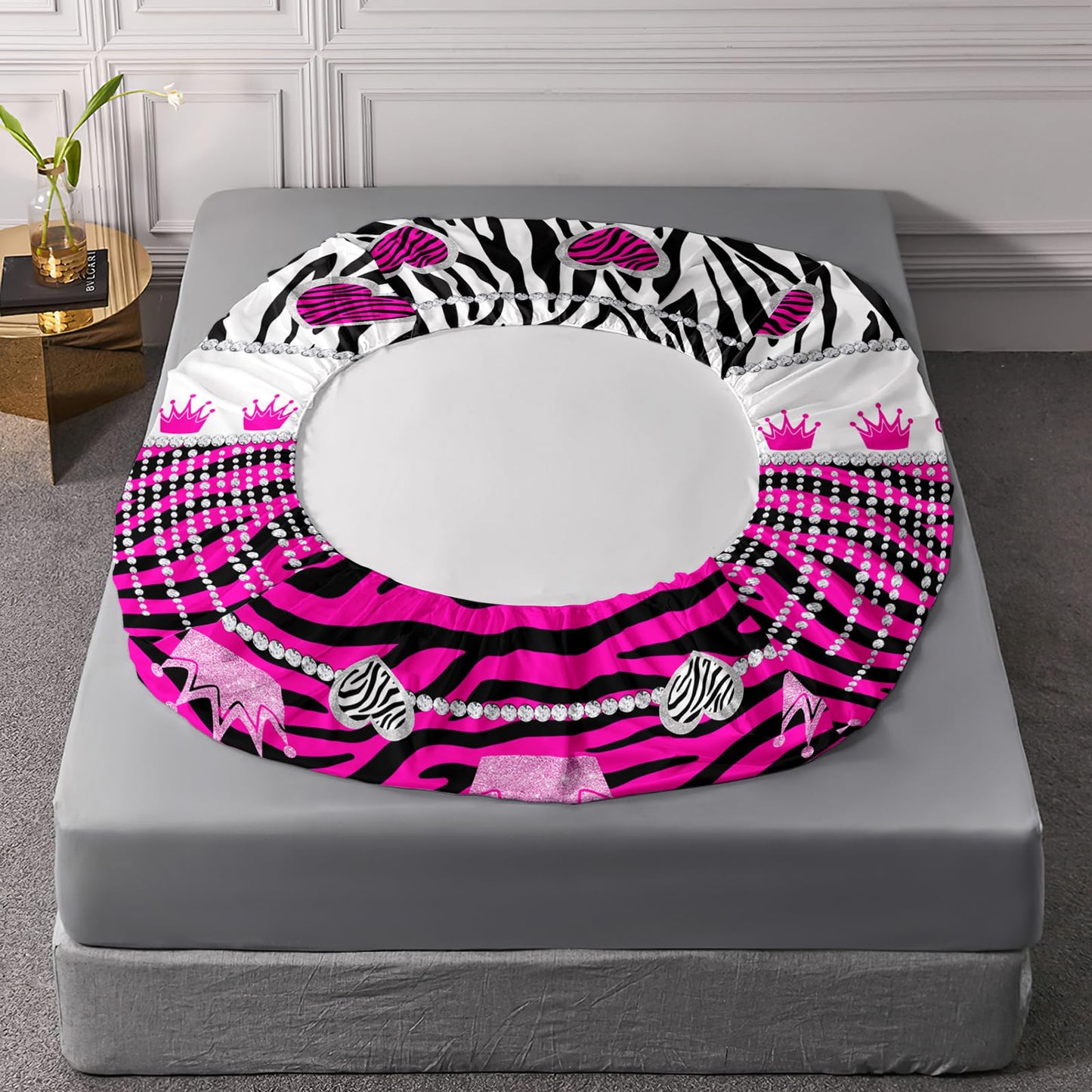 AILONEN Hot Pink Princess Fitted Sheet Twin XL Size with 2 Pillowcases,Zebra Stripes Bedding Set 3Pcs for Girls,Glitter Crown & Heart Bed Sheet Set for Home Decor