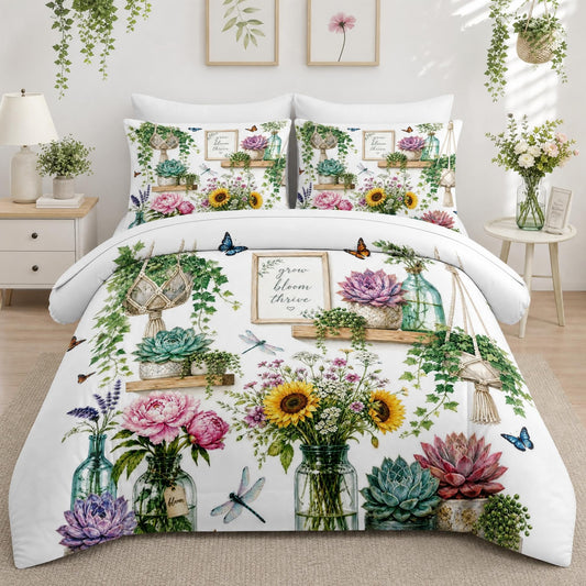 Boewywh Comforter Set Twin Size Boho Cottagecore Sunflower 7 Pcs, Bedding for Kids and Adults, Bed Sheet Sets with Fitted Sheet 2 Pillowcases & 2 Shams for Bedroom Bed Decor