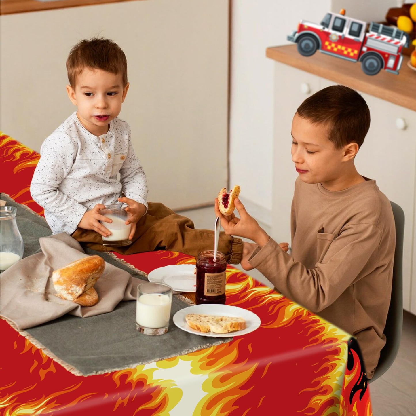 CC HOME 1Pc Fire Party Plastic Tablecloth 54 x 87 Inch Long Table Cover, Flame Party Tablecover for Fire Fighting Theme Kids Baby Shower Birthday Dinner Picnic Kitchen Event