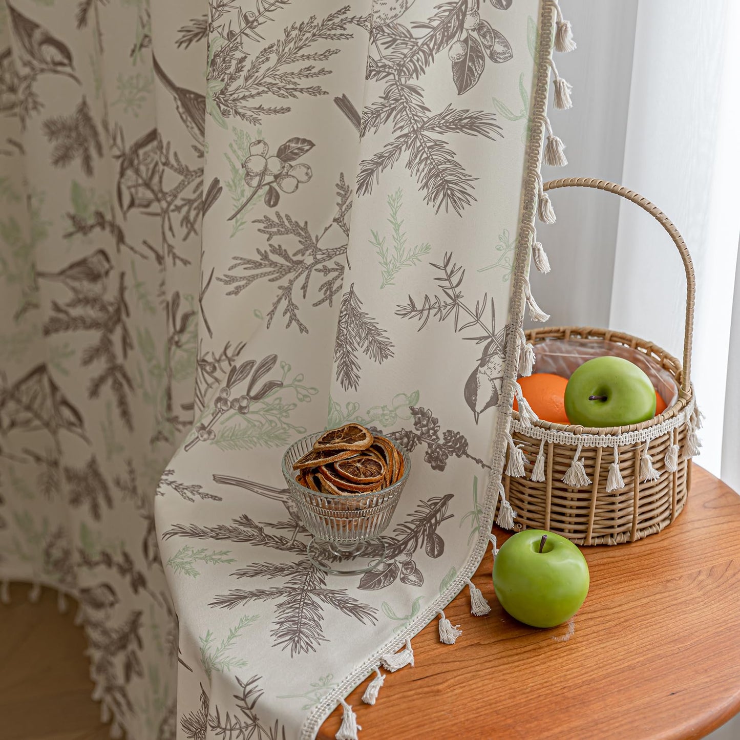 Erbnaryx Bird Botanical Curtains 72 Inches Long, Boho Farmhouse Light Filtering Rod Pocket Drapes with Tassel Trim for Bedroom Living Room, 2 Panels