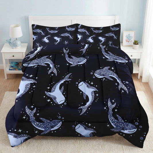 Pamnest Comforter Set Queen Size, Whale Shark Fish Sea Soft 3 Pcs Bedding for Kids and Adults, Ocean Navy Blue Fishing Comforter Set with 2 Pillowcases, for Bedroom Bed Decor