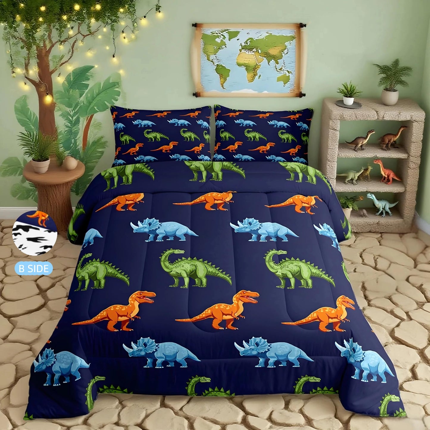 Feelyou Cartoon Dinosaur Bedding Set Twin, Dark Blue Dinosaur Comforter Set for Kids Dinosaurs Print Comforter Boys Girls Jungle Dino Duvet Set Breathable Bedroom Decor with 1 Pillow Case