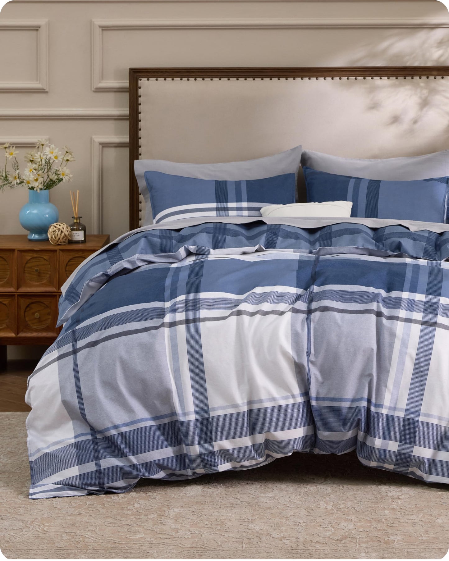 Bedsure Plaid Duvet Cover Queen Size - 100% Cotton Reversible Classic Navy Checkered Pattern Duvet Cover Set, 3 Pieces Soft & Breathable PureWoven Bedding Set with 2 Pillow Shams (Navy Plaid 90"x90")