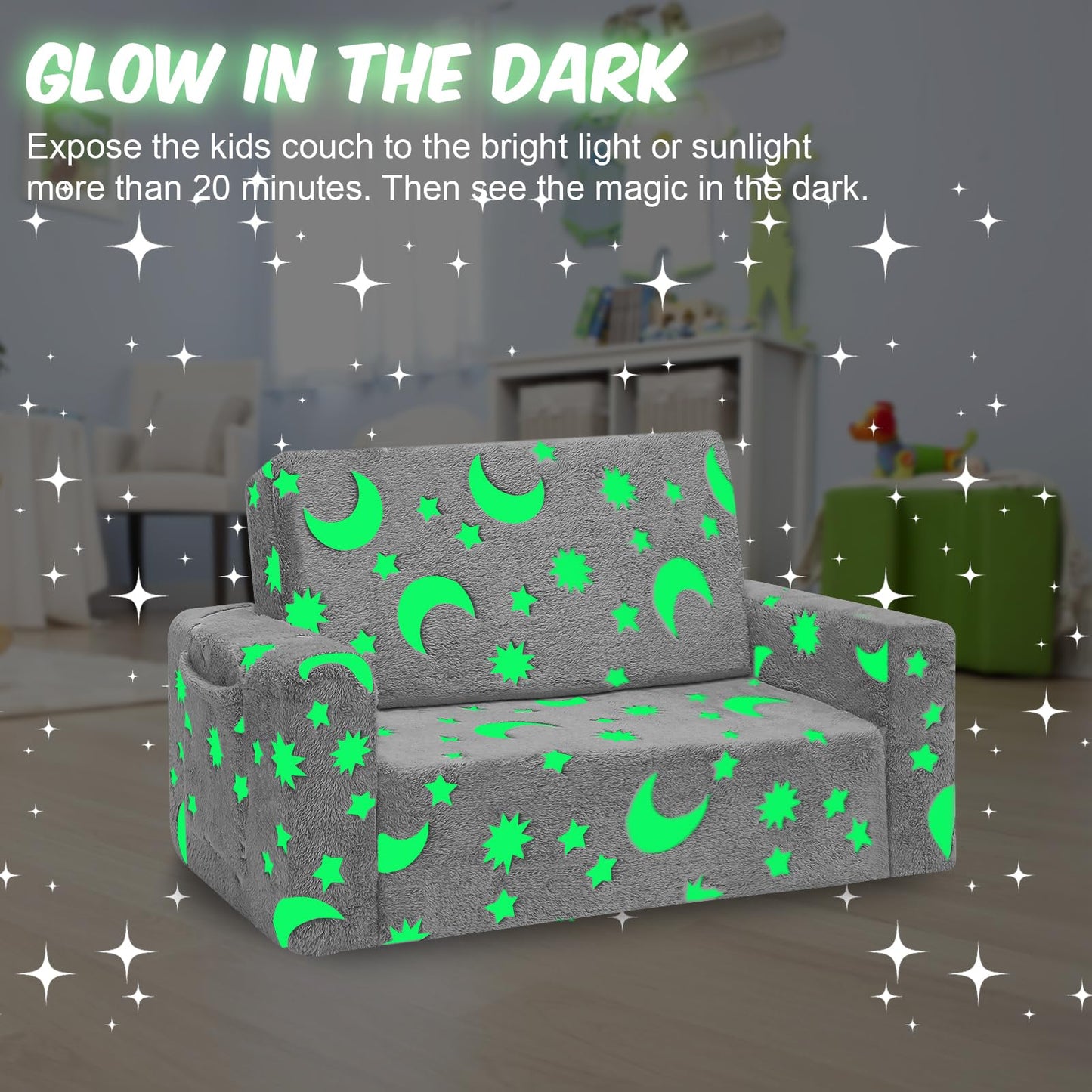 SLIGUY Kids Chair, Toddler Couch, Fold Out Sofa Chair, Toddlers Convertible Sofa to Lounger Pull Out Couch, Glow in The Dark Sofa Chair for Boys and Girls Large (Grey)