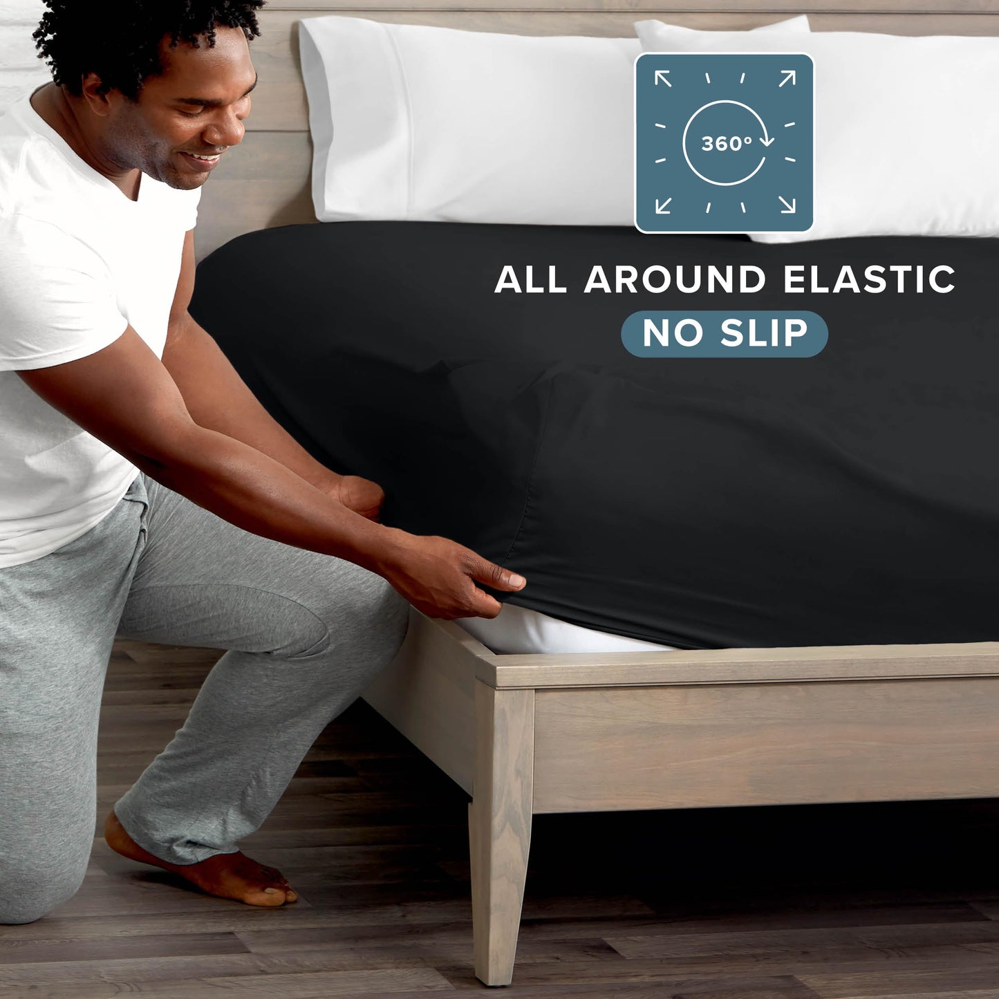 Bare Home Fitted Bottom Sheet Queen - Premium 1800 Ultra-Soft - Ultra-Soft Wrinkle Free - Deep Pocket - Fitted Sheet (Queen, Black)