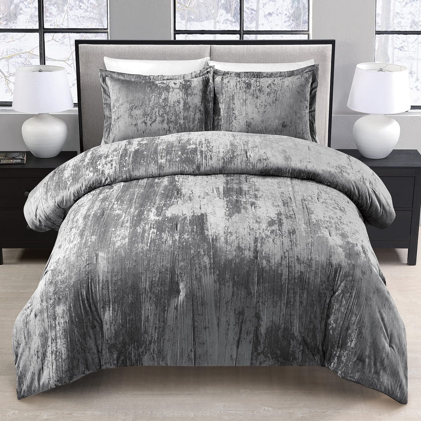 Fredsure Crinkle Velvet Comforter Set, 3 Pieces Grey King, Crinkle Velvet Face and Brushed Microfiber Reverse, with Light Poly Fill
