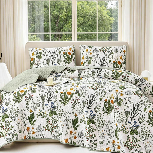 SANOCAY Boho Floral Quilt Set King Size 3 Piece Lightweight Summer Bedding Set with 2 Pillow Shams Soft Reversible Microfiber Bedspread Farmhouse Coverlet for All Season (Vintage Floral, King)