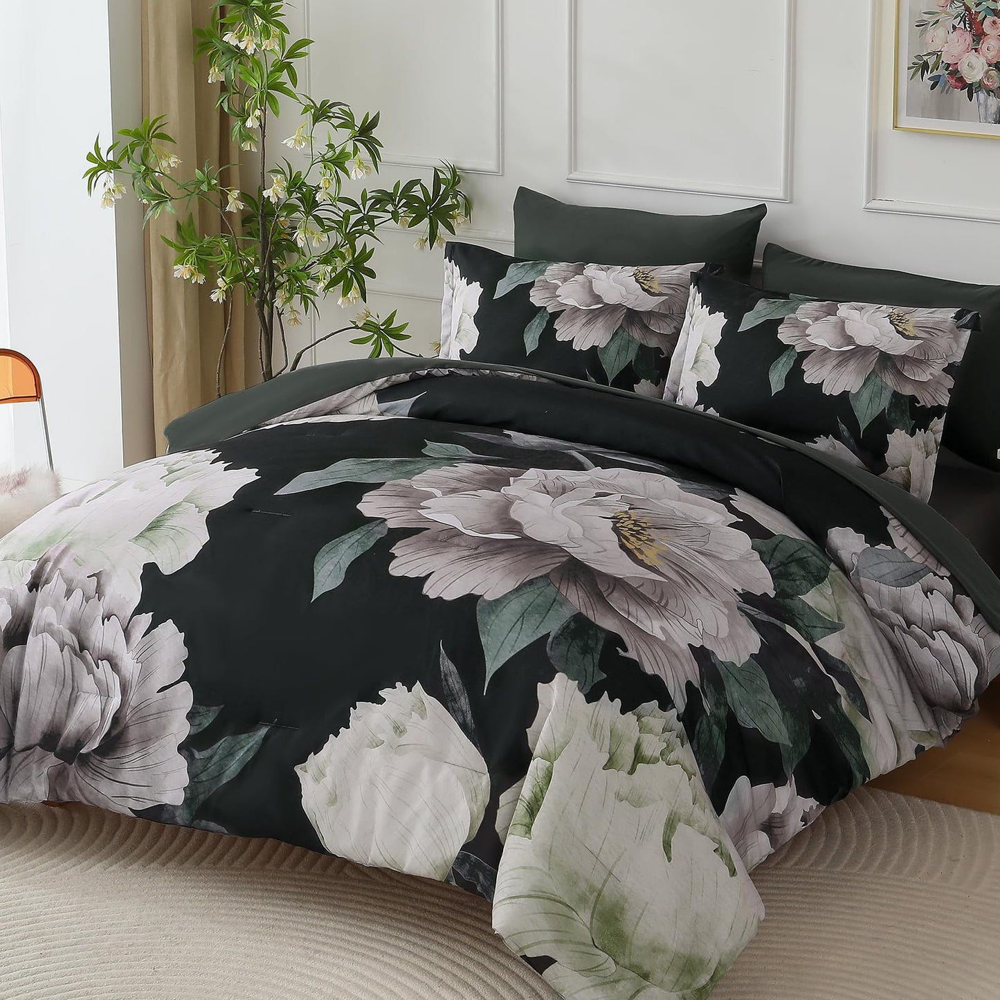 Dobuyly Black Comforter Set Queen 7 Piece Bed in a Bag, Floral Comforter Set with Sheets, Soft Microfiber Botanical Flower Bedding Set for All Season