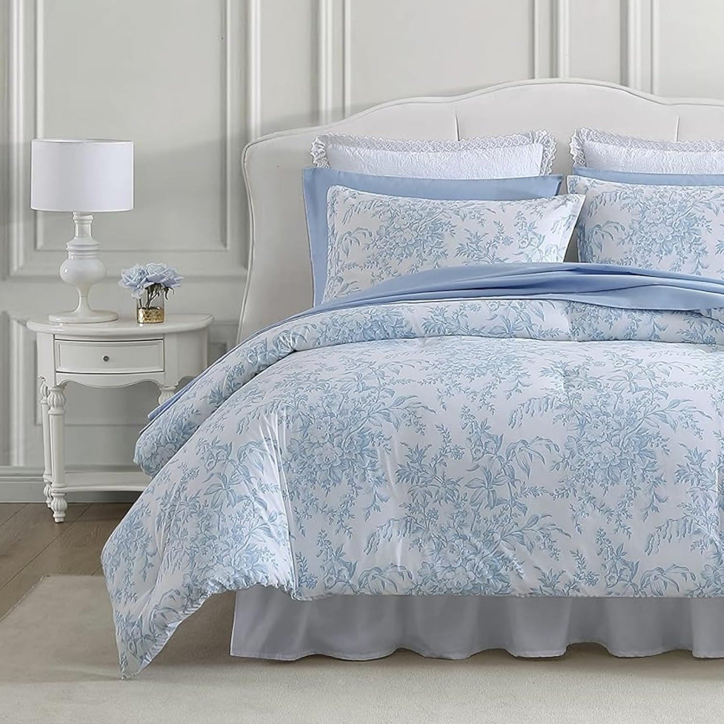 Laura Ashley – Queen Comforter Set, Soft Bedding with Matching Shams, Reversible Floral Room Decor, College Dorm Room Essentials (Bedford Blue)