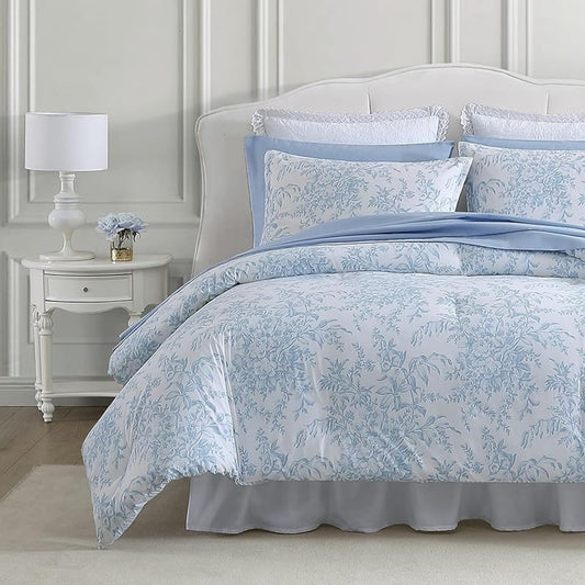 Laura Ashley – Queen Comforter Set, Soft Bedding with Matching Shams, Reversible Floral Room Decor, College Dorm Room Essentials (Bedford Blue)
