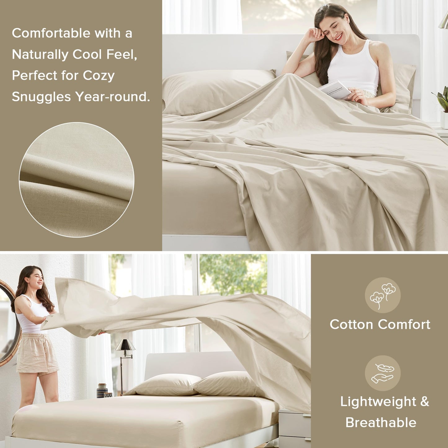Comfort Spaces 100% Cotton Sheets Cal King, Breathable & Soft Cotton Sheets, Naturally Cool Cotton Bed Sheets with 14" Elastic Pocket Fits up to 16" Mattress, All Seasons Sheet Set, Cream 4 Piece