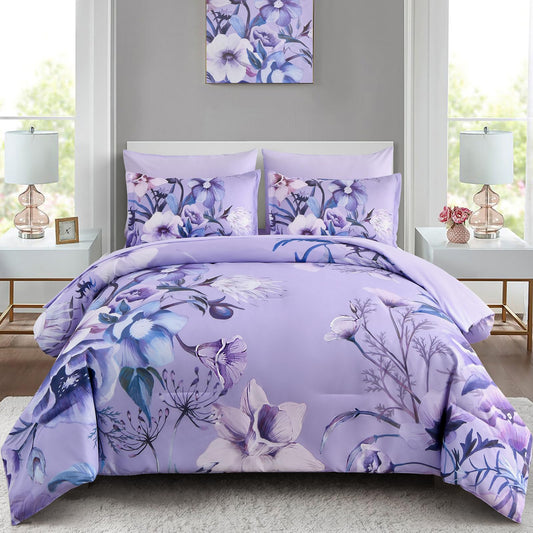 Luxudecor Lavender Purple Floral Comforter Set Queen Size 7 Piece, Flower Bed in a Bag, Elegant Comforter with Sheet Set, Soft Microfiber Bedding Set for All Season (Lavender, 90"x90")