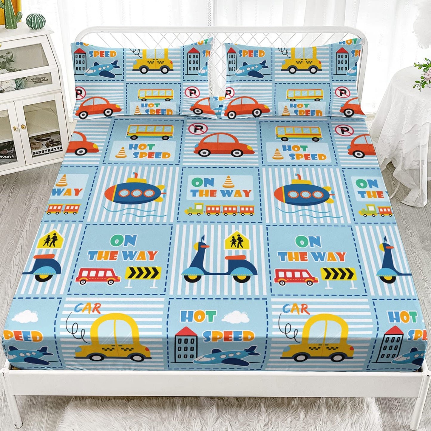 HOSIMA Cartoon Car Kids Fitted Sheet Sets for Girls Boys Room Decor,Transportations Submarine Motorcycle Airplane Pattern Bedding Sets Queen Size,Soft Light Blue Fitted Sheet Set.