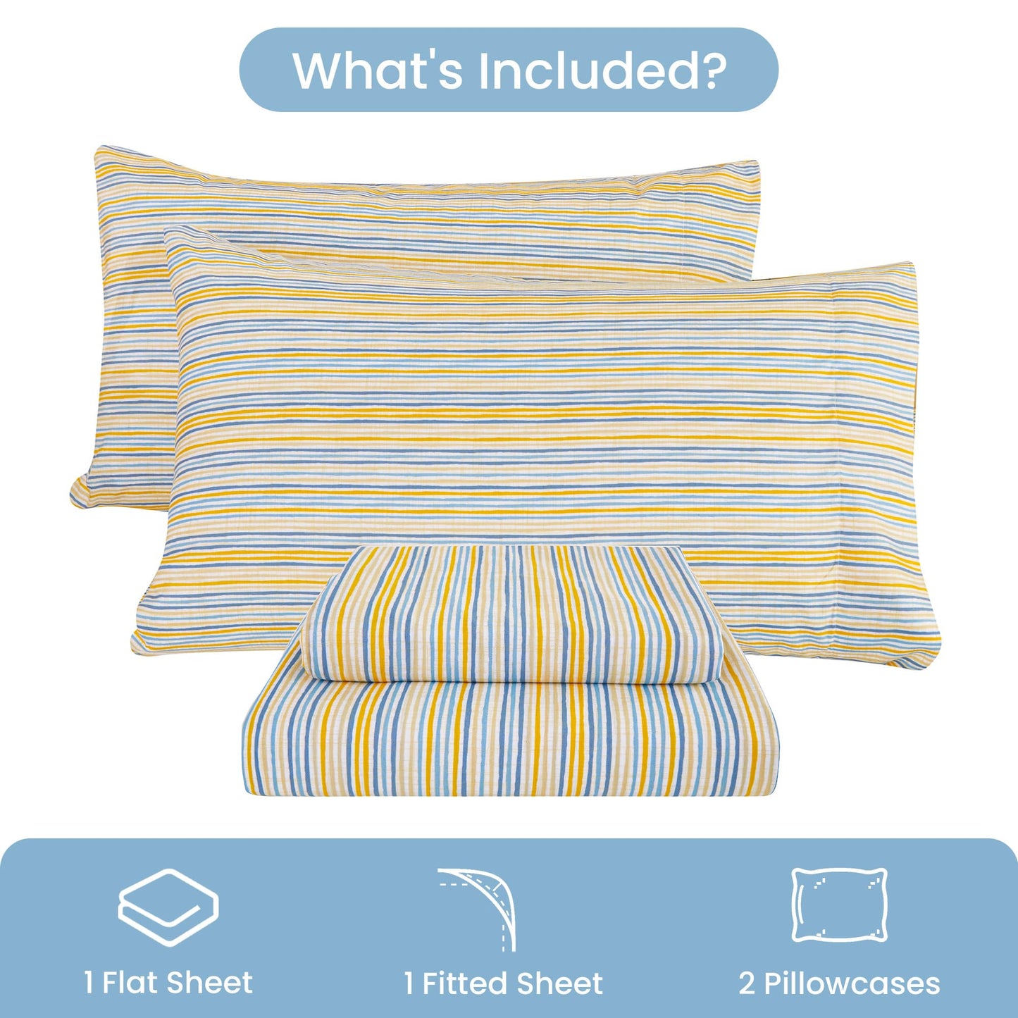 Mooreeke Striped Full Bed Sheets, Deep Pocket 4 Piece Full Sheet Set, Soft Microfiber Blue Yellow Pinstripe Bedding Sheets & Pillowcases