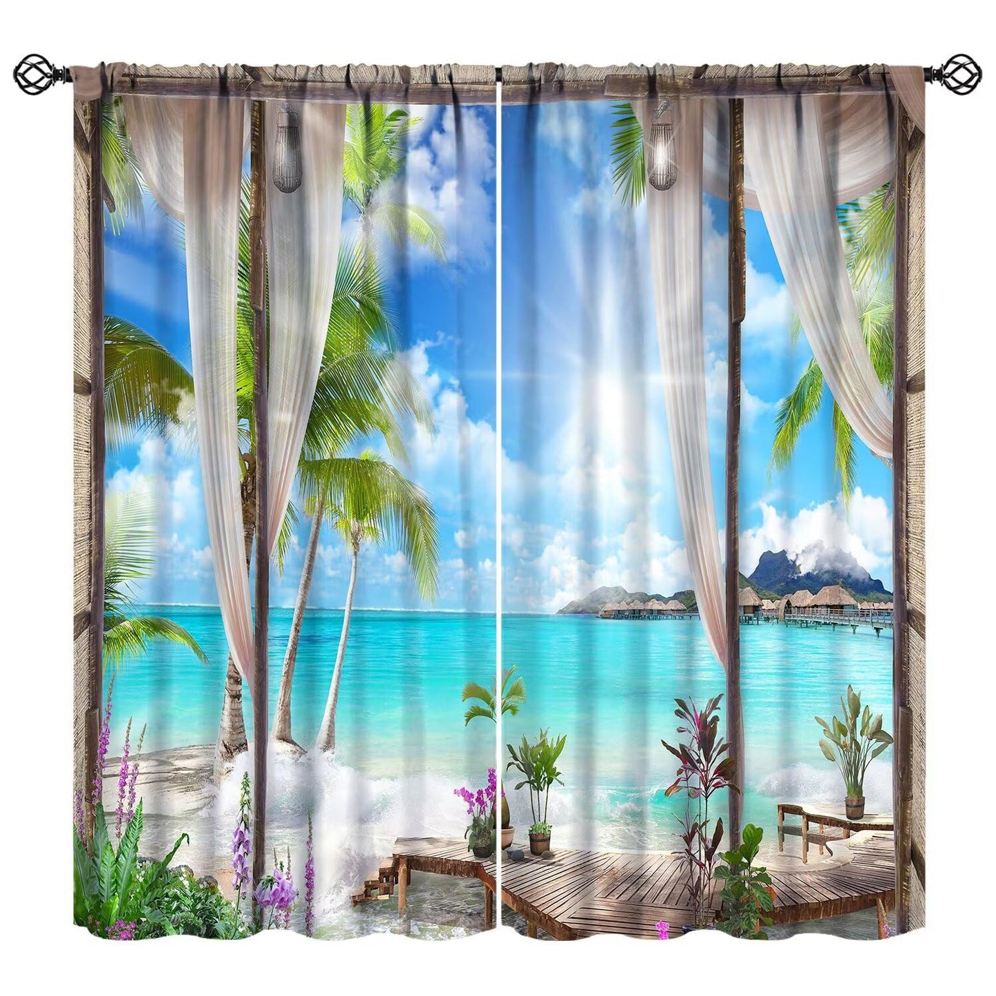 Nitmbi Sunlight Beach Curtains,Tropical Ocean Sea Island Palm Tree Summer Scape Pattern Drapes Window 2 Panel Rod Pocket Curtain for Bedroom Living Room Decor 42" W X 45" L