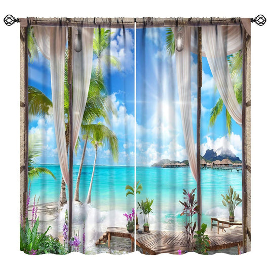 Nitmbi Sunlight Beach Curtains,Tropical Ocean Sea Island Palm Tree Summer Scape Pattern Drapes Window 2 Panel Rod Pocket Curtain for Bedroom Living Room Decor 42" W X 45" L