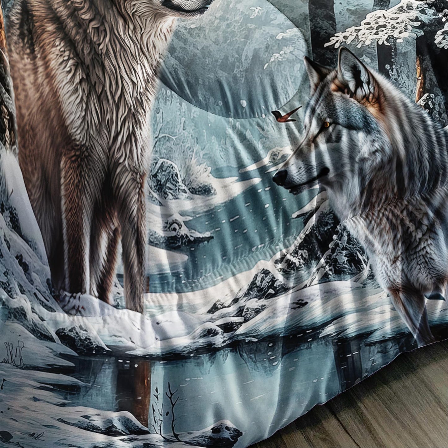 AILONEN Snow Wolf Comforter Set Queen Size, Brown Wolf Bedding Set,Snowfield Forest Animals Printed Comforter Sets,Teen Boys Breathable Duvet Set 3 Pieces, 1 Quilt and 2 Pillowcases