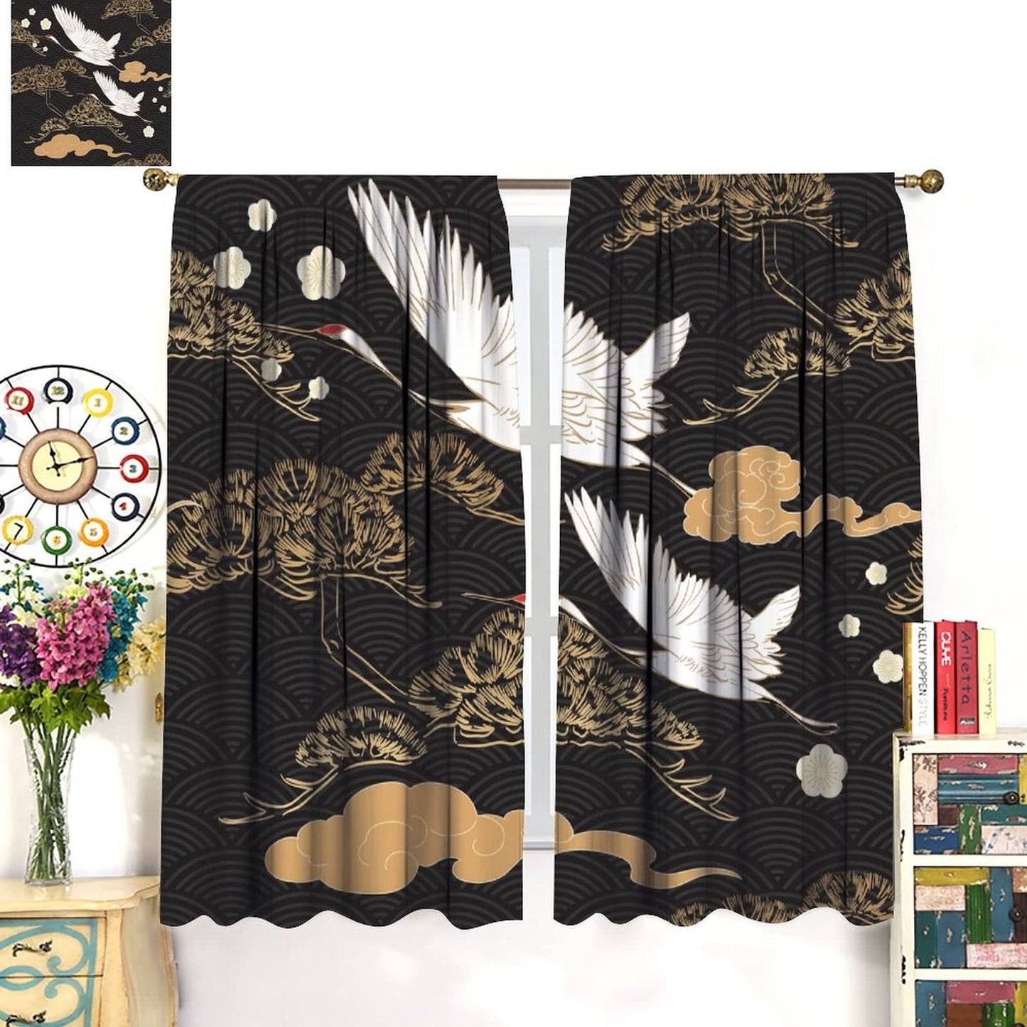 Fairy Crane Curtains Black Gold Plant Traditional Chinese Style Japanese Style Theme Art Bedroom Living Room Decor Rod Pocket Blackout Window Drapes 2 Panels Set 42x45in