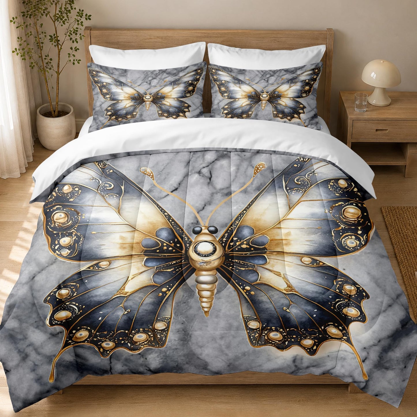 CCoutueChen Kids Butterfly Comforter Twin Size, Grey Marble Bedding Set, 2 Pcs Marble Texture Artistic Warm Microfiber Bed Set with 1 Pillowcase, 68"x86"
