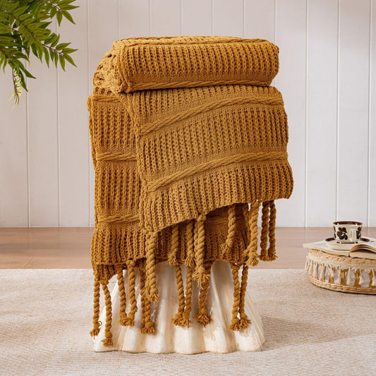 Boho Knitted Chenille Blanket with Tassels - Lightweight & Soft All-Season Throw - 3D Classic Pattern for Living Room Bedroom Couch, Amber Brown, Queen 90"x90"