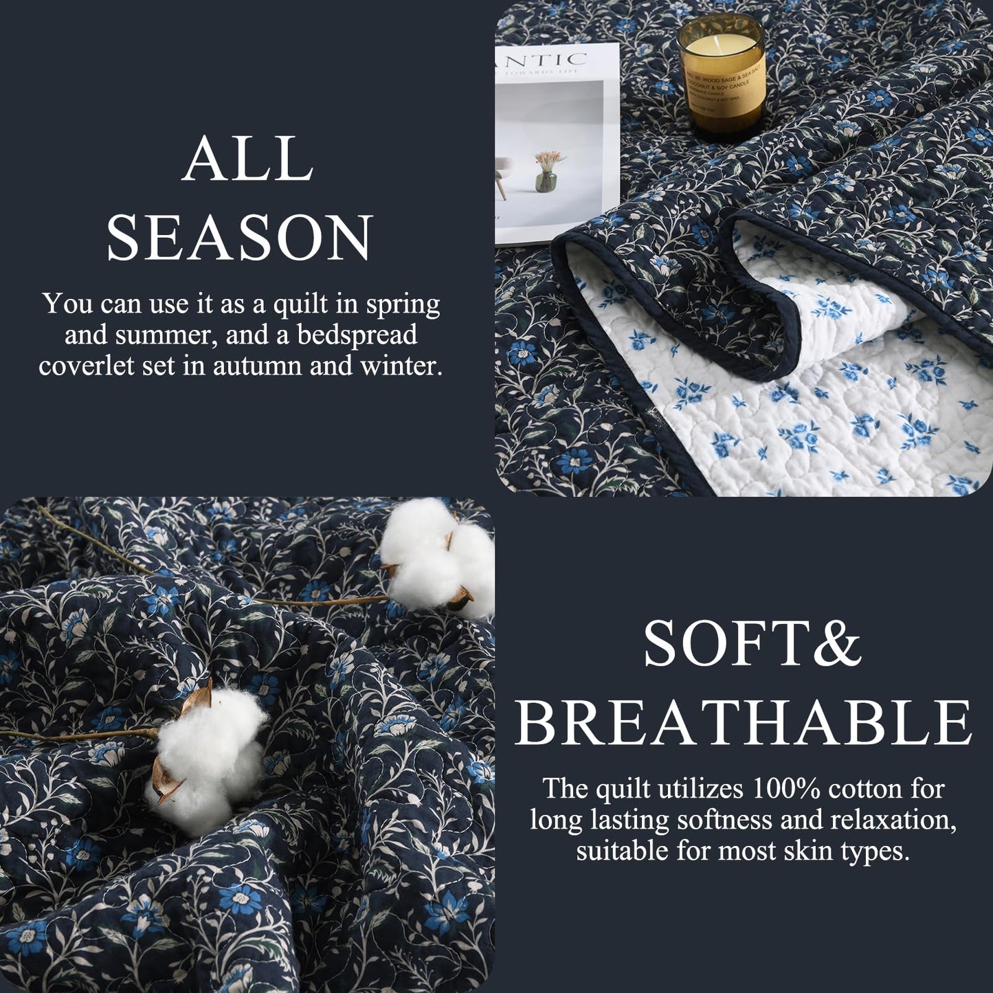 DDUOXIN Botanical Queen Quilt Set - 100% Cotton Reversible Plant Floral Quilts with 2 Pillow Shams, Curling Leaves Lightweight Bedspread Bedroom Bedding for All Seasons, Navy Blue/Blueberry/Bluesteel