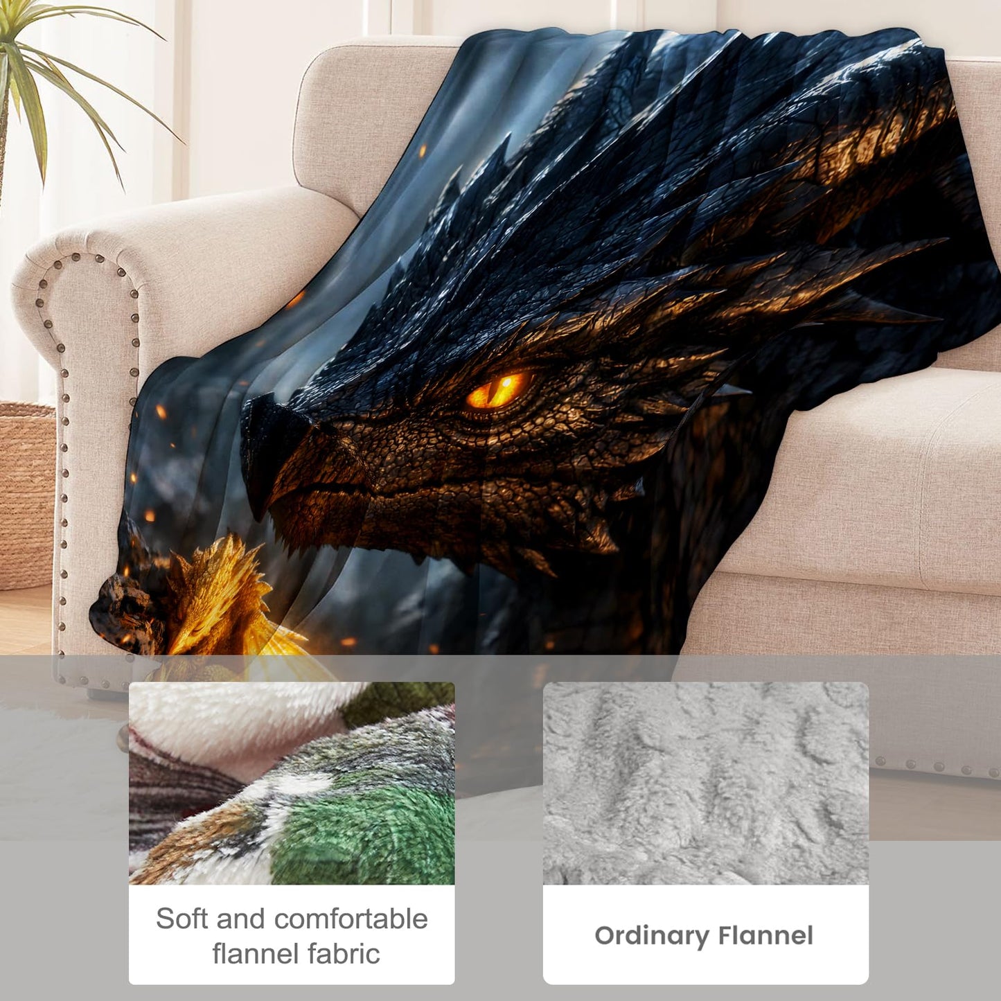 cromcu Majestic Dragon Flannel Blanket, 60" x 50", Soft Warm Cozy Decorative Throw with Black Creature and Dark Cave, Fantasy Gifts for Boys Teens Dragon Lovers, Sofa Couch Bed Living Room Bedroom